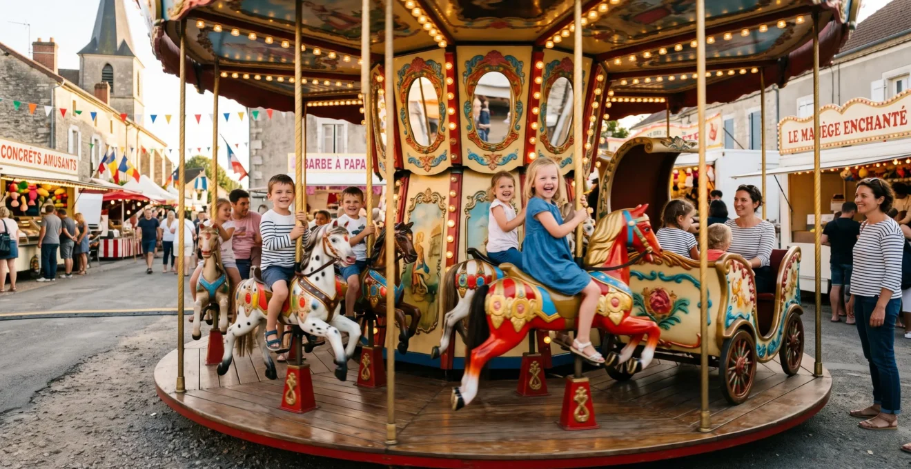 Carrousel traditionnel en fonctionnement avec des enfants lors d'une fête de village estivale en France