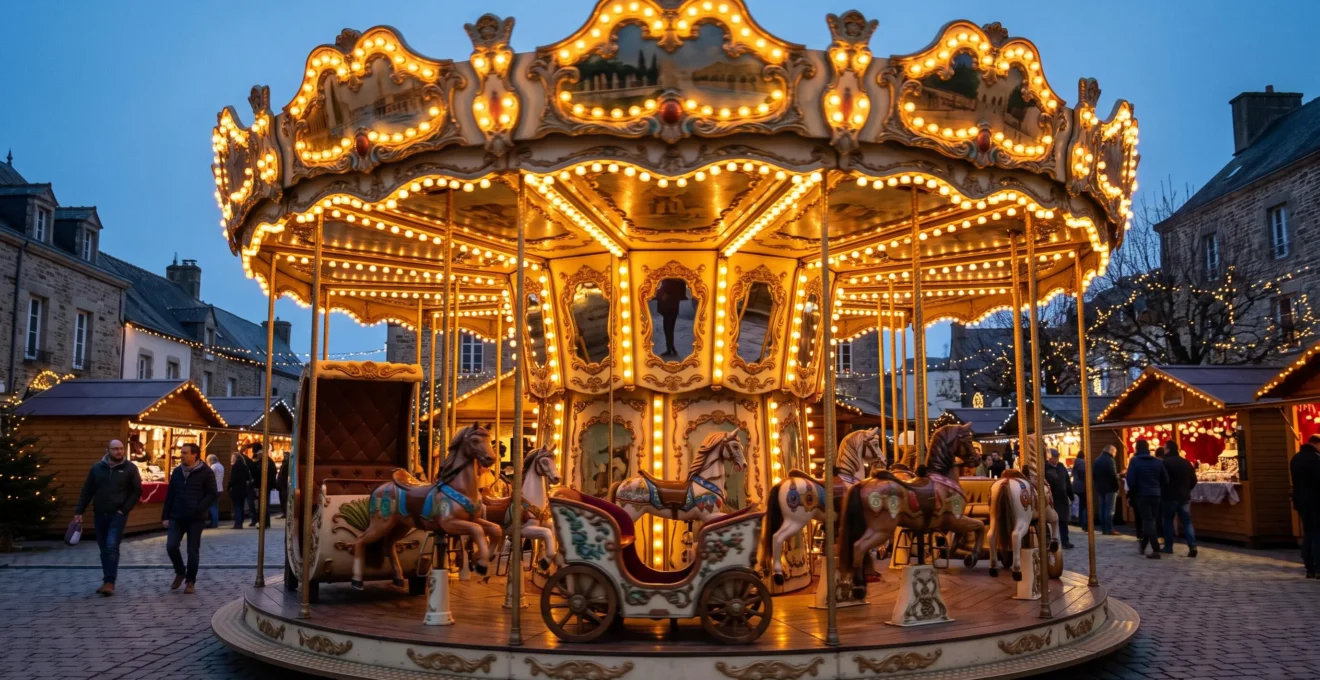 Carrousel forain traditionnel illuminé en fonctionnement lors d'un marché de Noël dans un village français