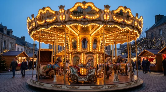 Carrousel forain traditionnel illuminé en fonctionnement lors d'un marché de Noël dans un village français