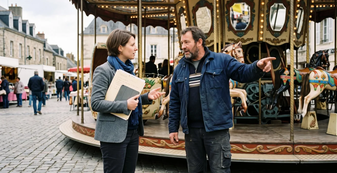 Discussion professionnelle entre un organisateur d'événement et un prestataire forain devant un carrousel