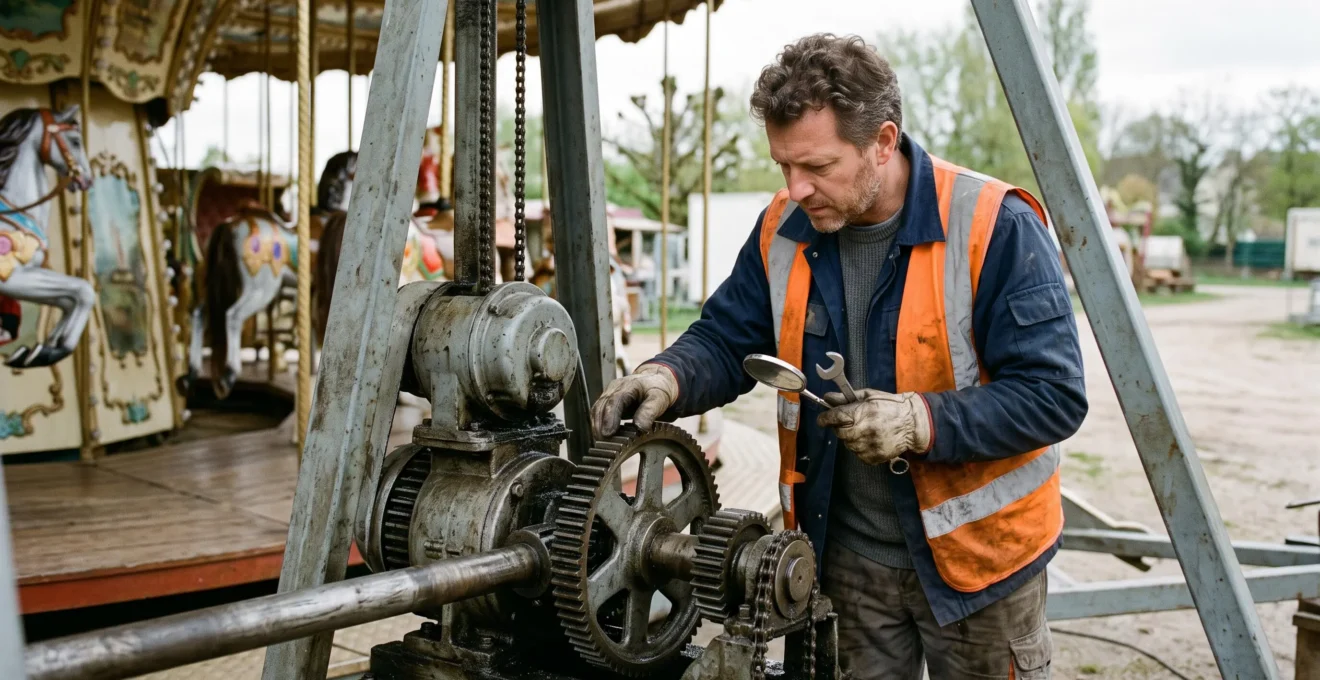 Opérateur forain inspectant les mécanismes techniques d'un carrousel lors d'une vérification de maintenance