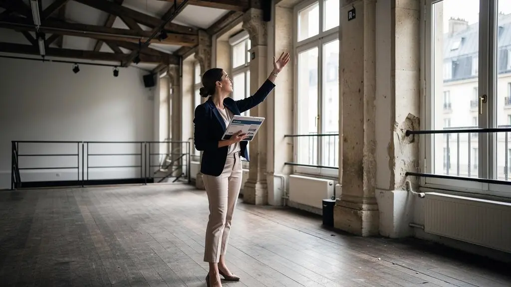 Organisatrice d'événements professionnelle inspectant un espace événementiel parisien potentiel avec clipboard et posture d'évaluation