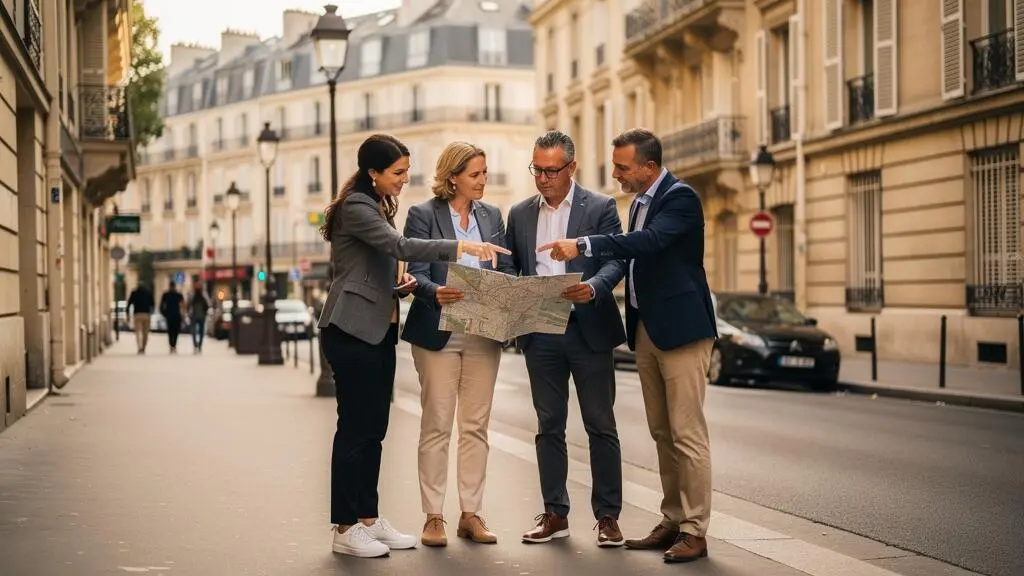 Équipe de professionnels participant à un rallye urbain team building dans une rue parisienne avec architecture haussmannienne