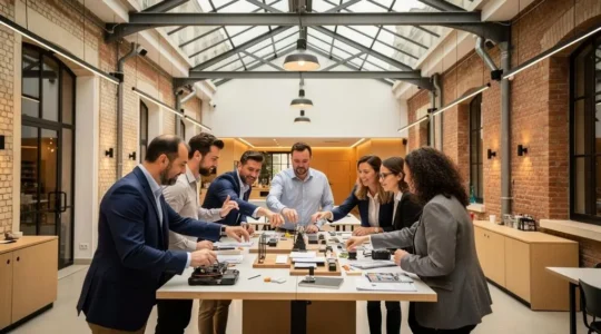 Groupe de professionnels en pleine activité collaborative de team building dans un espace événementiel parisien avec verrière