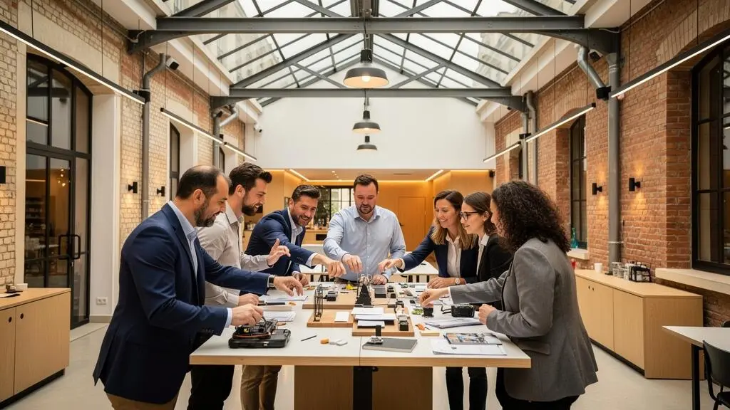 Groupe de professionnels en pleine activité collaborative de team building dans un espace événementiel parisien avec verrière